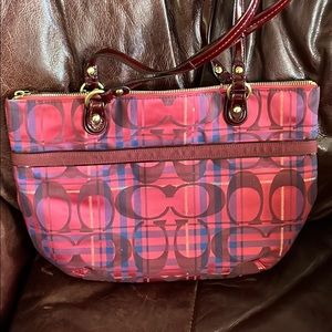 Red plaid coach tote